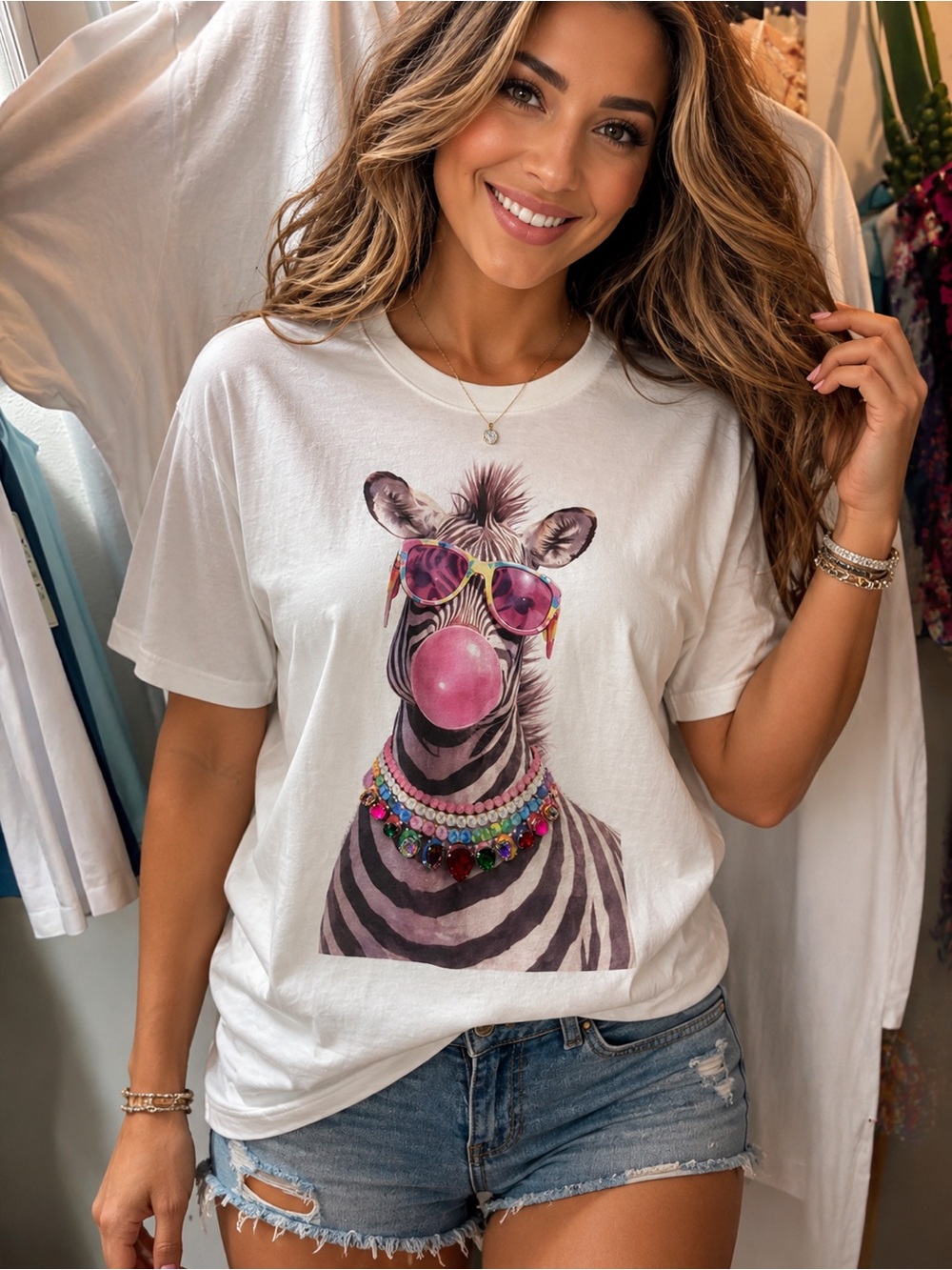 White Women's Graphic Zebra Bubble Tee
